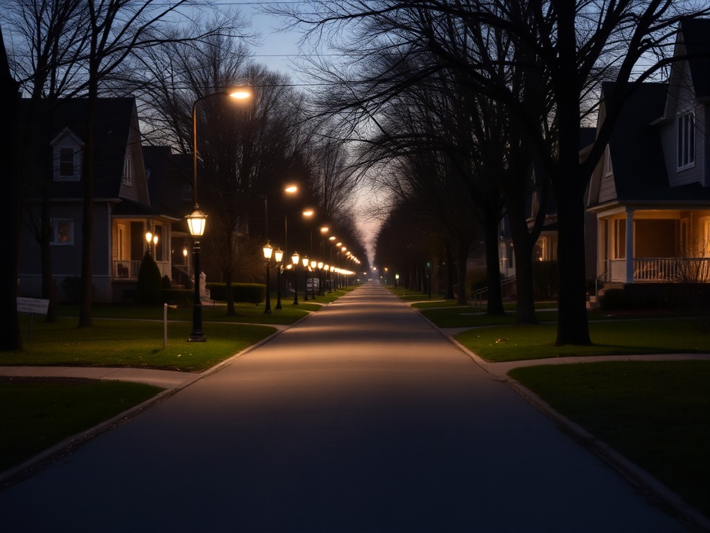 evening walk in a quiet Ontario neighborhood, streetlights turning on, calm atmosphere