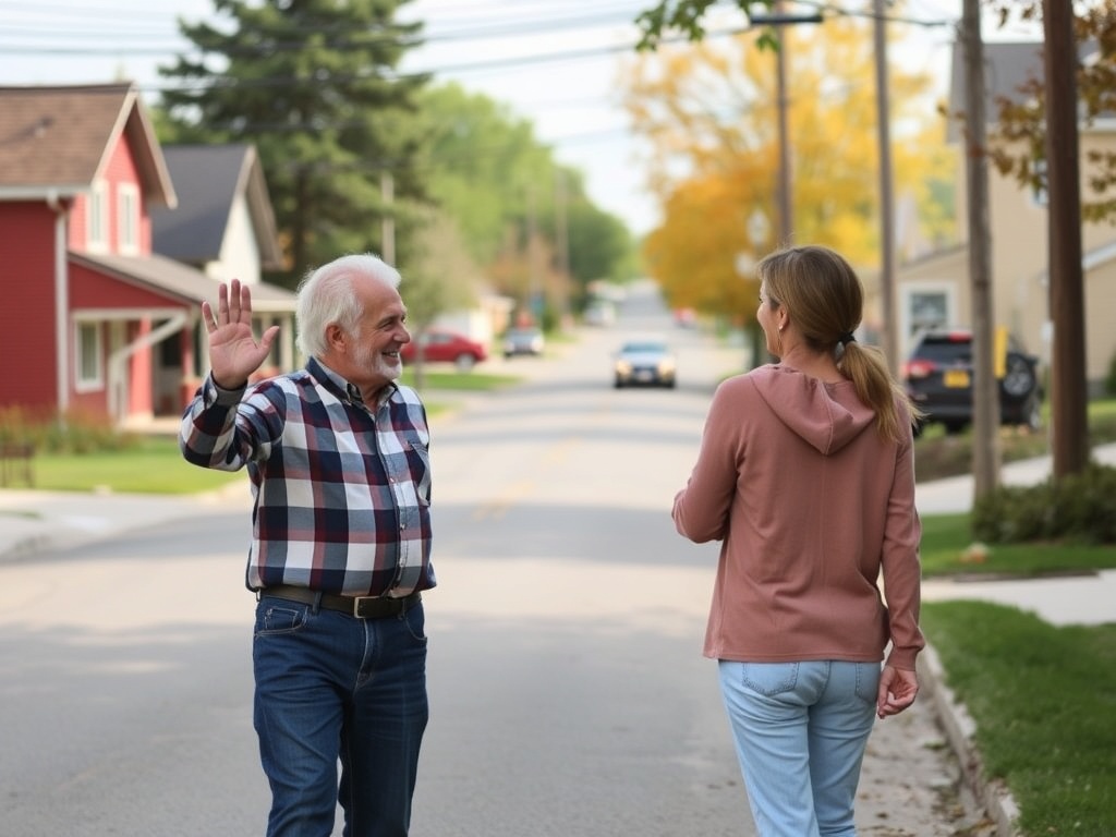 friendly small town interaction, two neighbors waving on a quiet street in Ontario