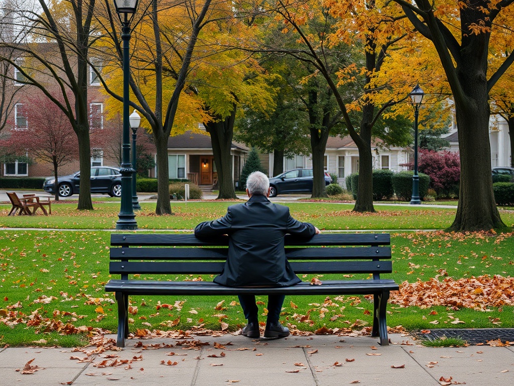 person sitting on a bench in a peaceful small town park, reflective mood, autumn colors