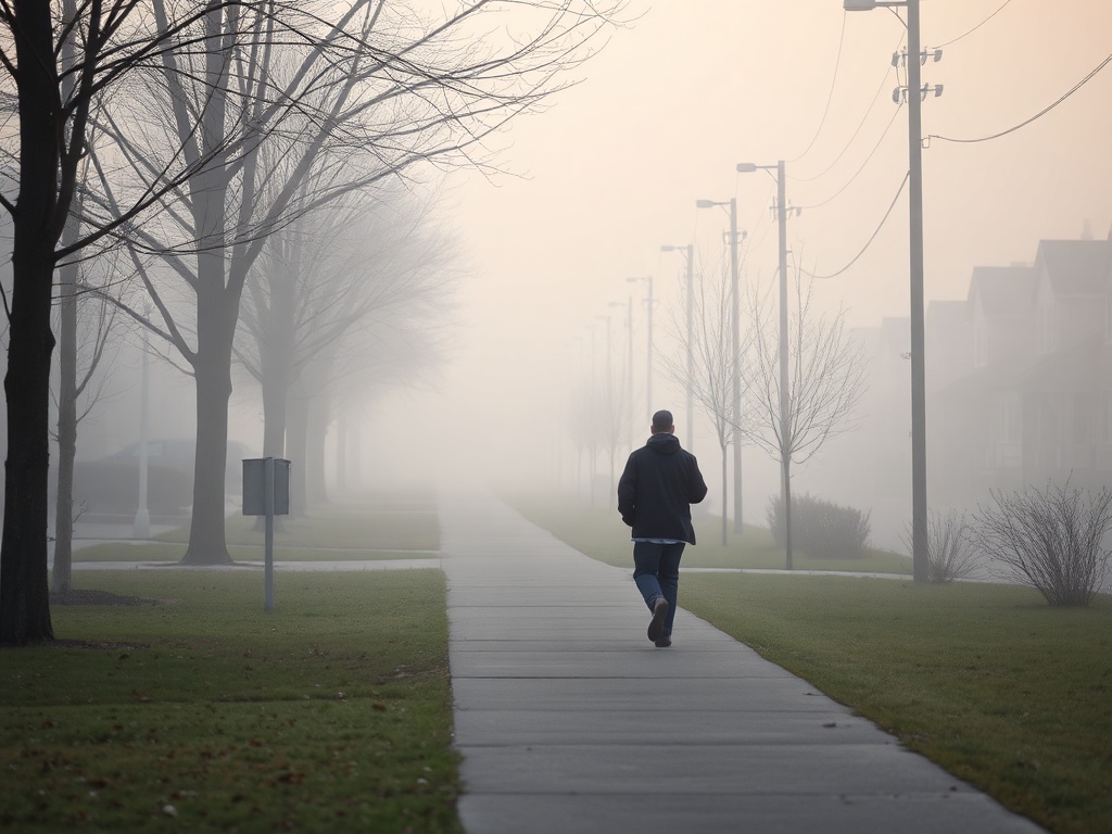person walking alone on quiet suburban sidewalk in Ontario, relaxed pace, early morning mist