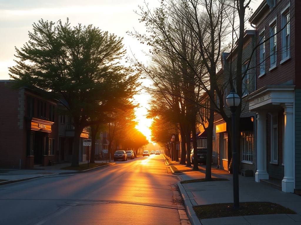quiet Ontario small town street in golden hour light, trees lining sidewalks, peaceful residential scene