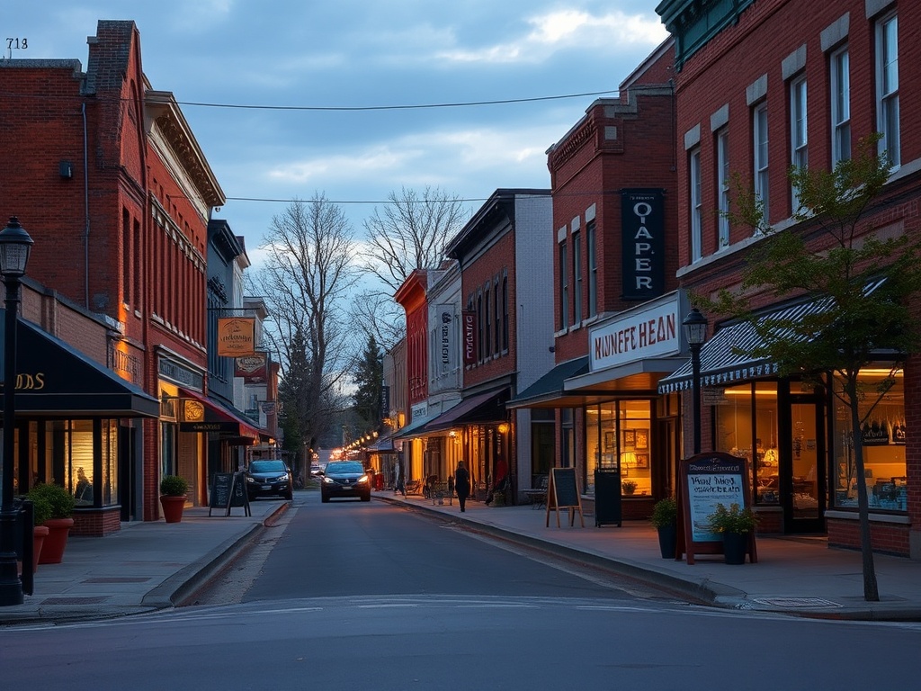 small town Ontario main street with local shops, warm lighting, early evening atmosphere
