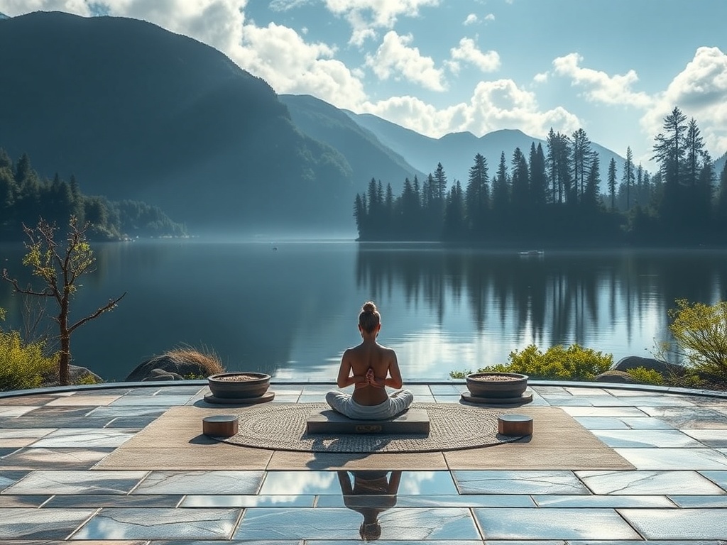 vivid description of a peaceful, serene meditation setting, surrounded by nature