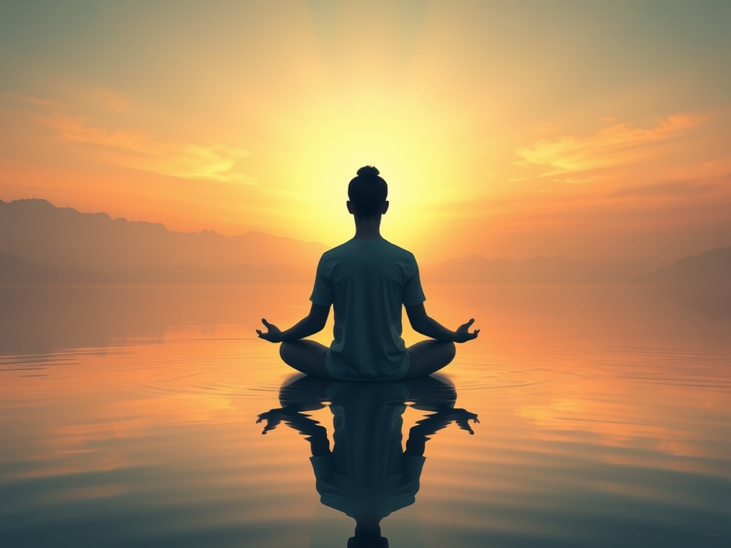 vivid description of a person meditating, surrounded by calm and tranquility