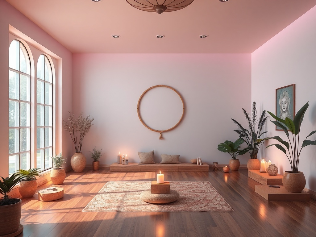 vivid description of a serene meditation space with calming colors and peaceful ambiance