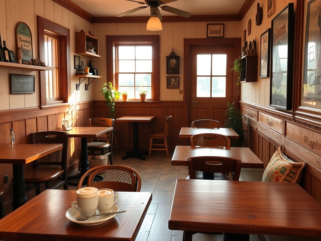 cozy small-town cafe interior with wooden tables, latte art, and natural window light