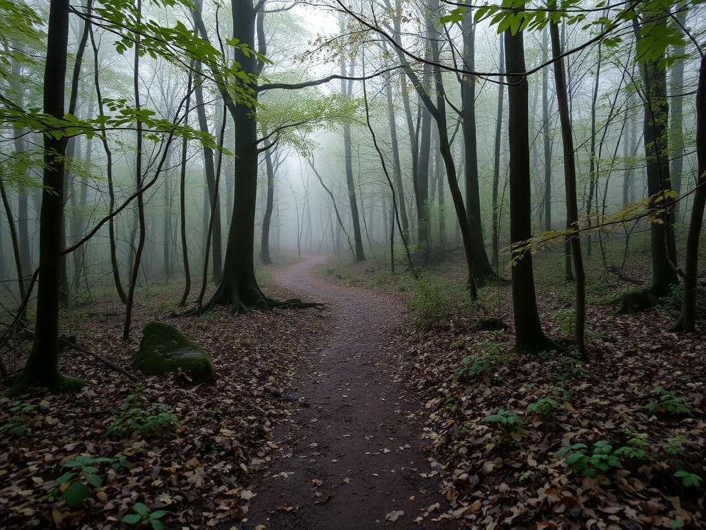 forest trail after rain with wet leaves, misty air, and soft light