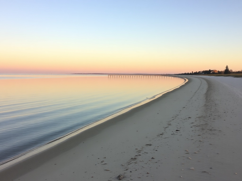 golden hour at Innisfil Beach Park with calm water, empty shoreline, soft pastel sky