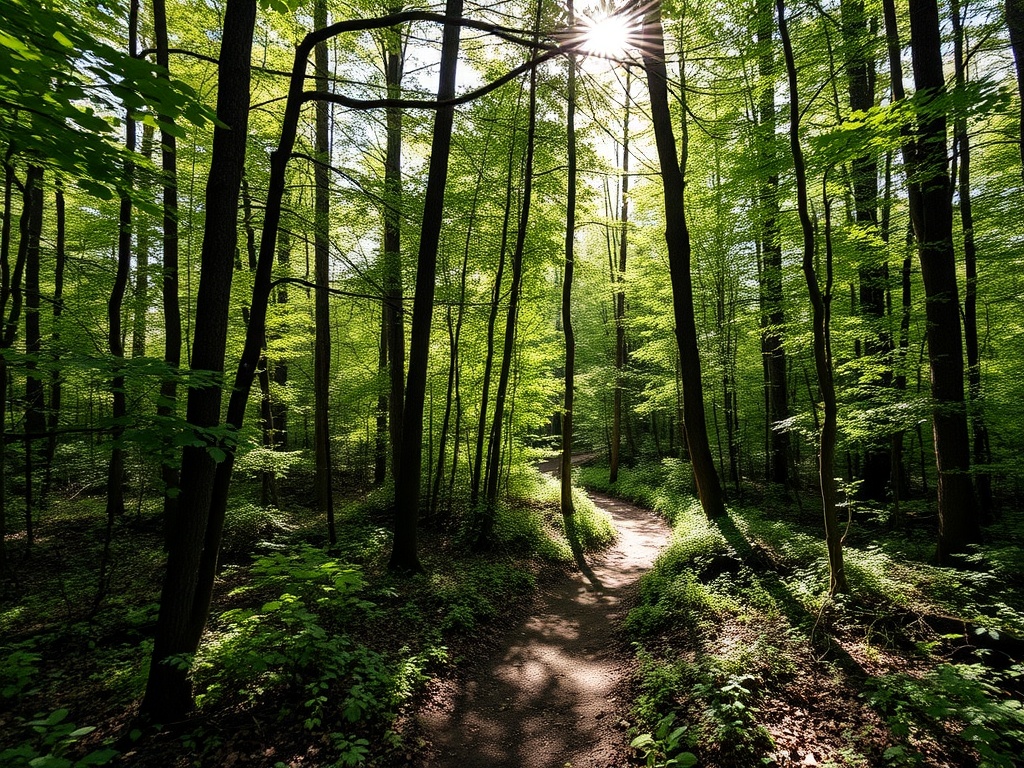 hidden wooded trail near Lefroy Harbour with sunlight filtering through trees and a narrow path