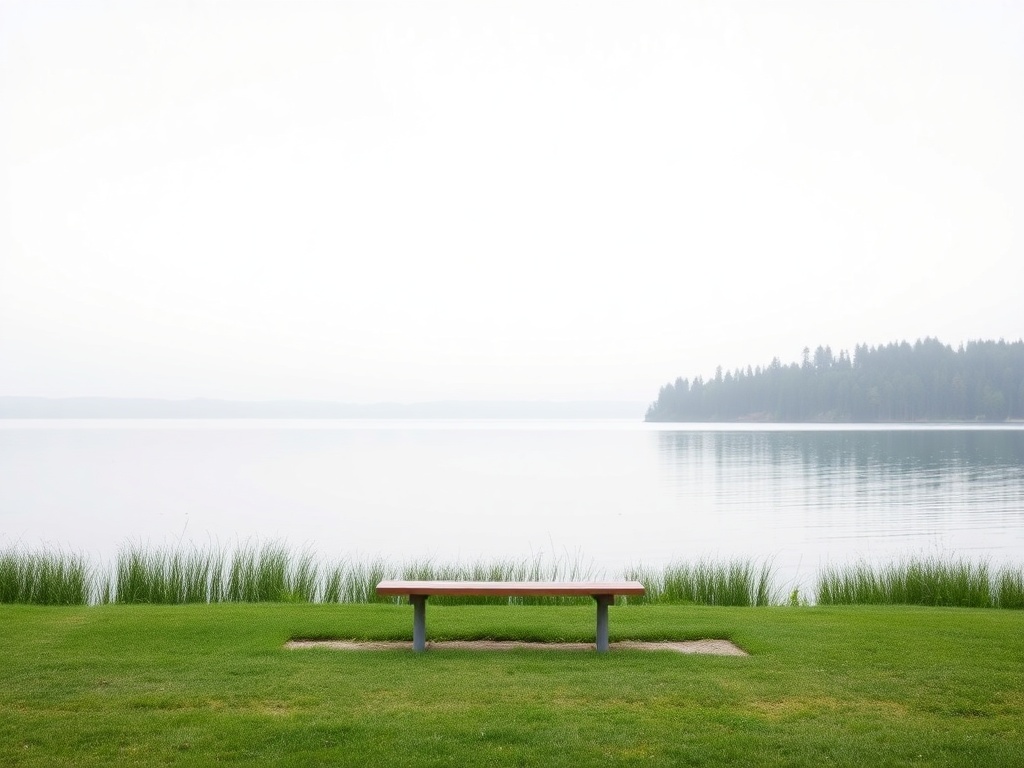 minimalist lakeside scene with calm water horizon and empty bench