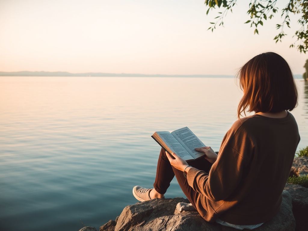 person sitting by lake reading book with calm water and soft breeze atmosphere