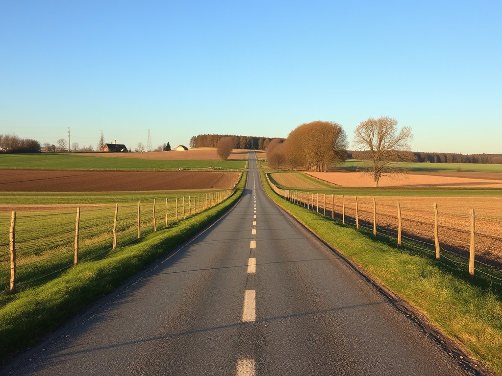 quiet rural backroad in Ontario with fields, fences, and long perspective road
