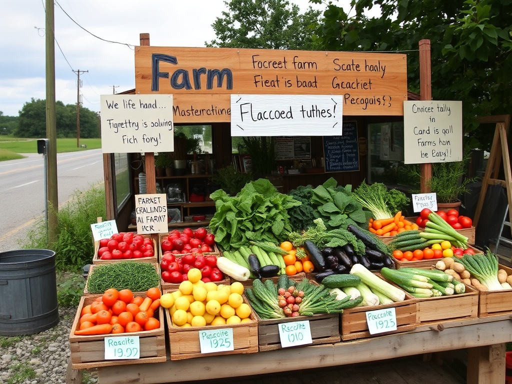 roadside farm stand with fresh vegetables, handwritten signs, and rustic wooden setup