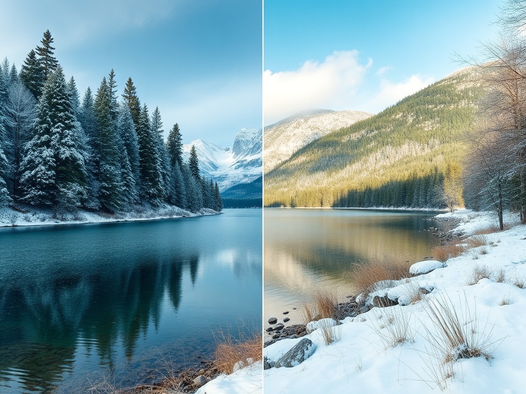 same lakeside location shown across seasons winter snow summer green contrast