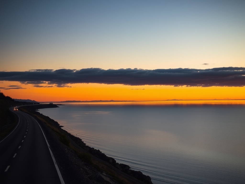 scenic drive along Lake Simcoe shoreline at sunset with glowing sky and reflective water