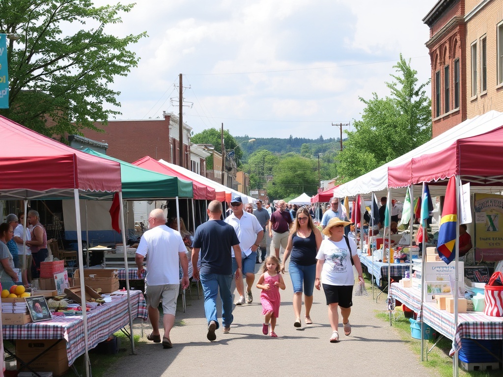 small-town outdoor community event with tents, local vendors, and families walking around