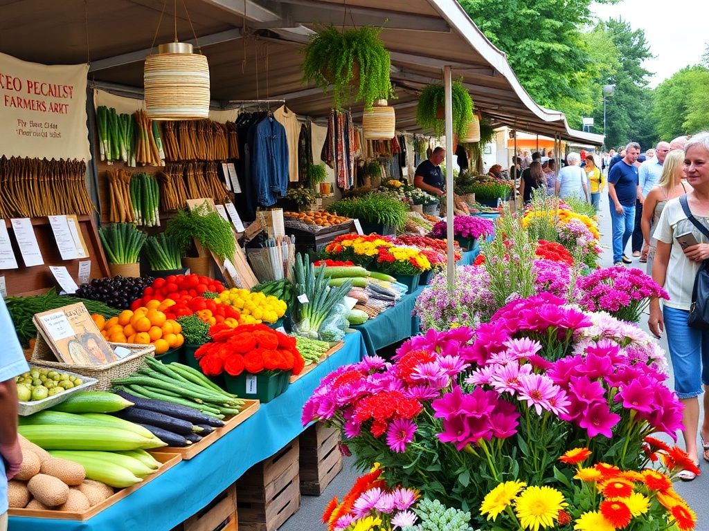 A bustling farmers' market with stalls offering fresh produce, handmade goods, and vibrant flowers on display.
