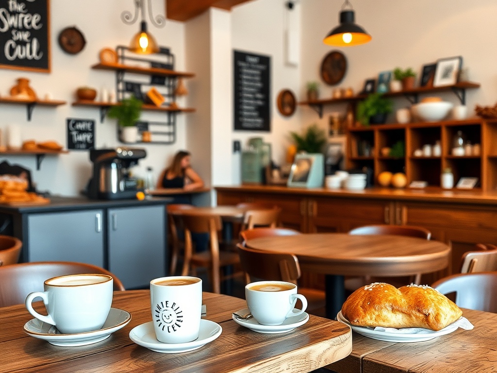 A cozy coffee shop with a rustic feel, showcasing artisanal coffee cups, wooden tables, and freshly baked pastries.