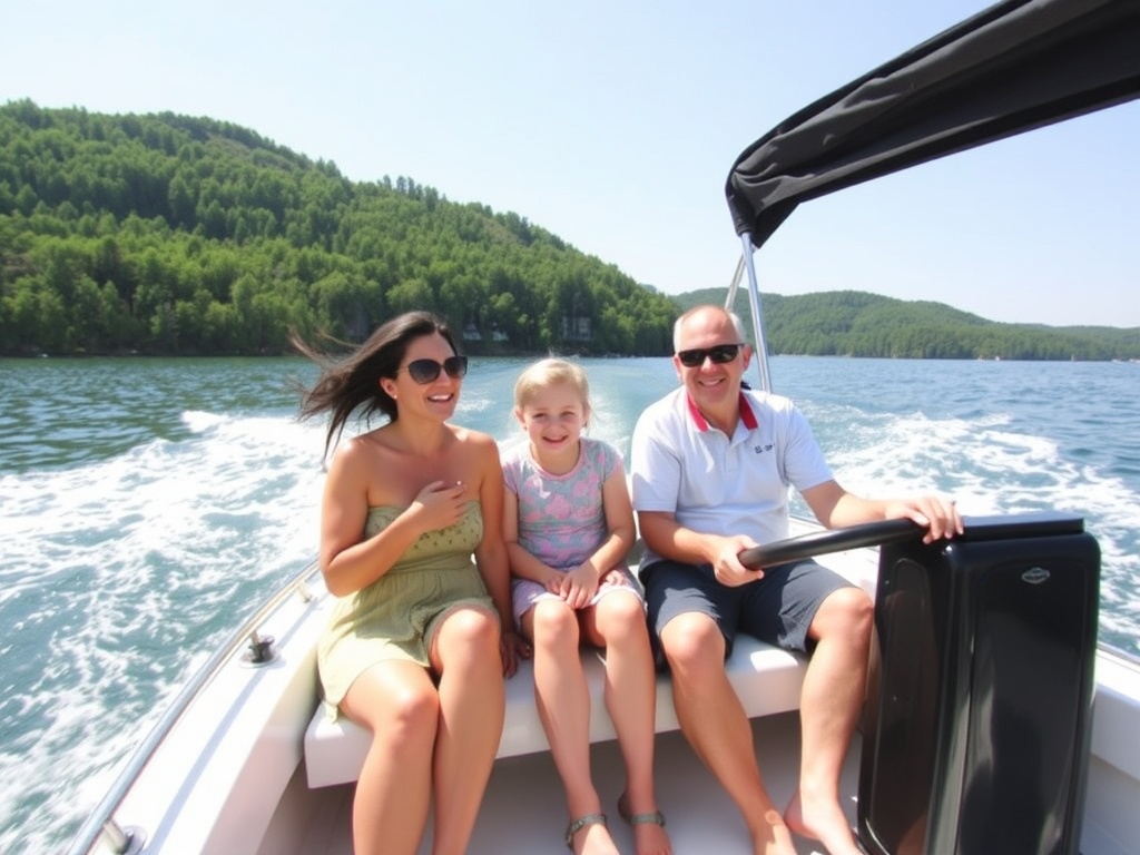 A family enjoying a boat ride on Lake Simcoe, with crystal-clear waters and surrounding green landscapes.