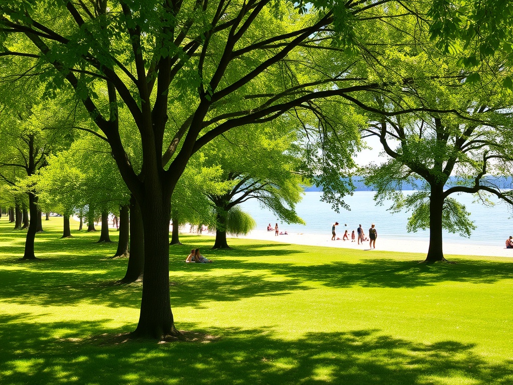 A lush green park with trees and a sandy beach, calm waters of Lake Simcoe, and families enjoying a sunny day