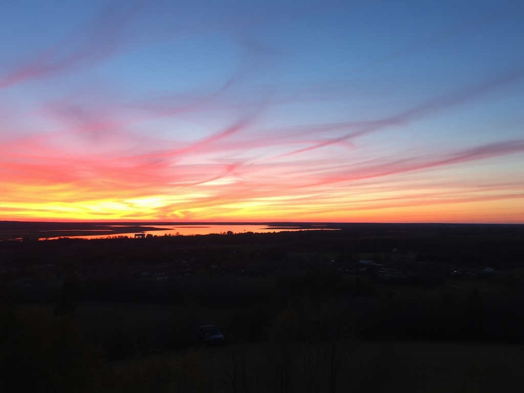 A scenic view of Innisfil with Lake Simcoe in the foreground, showcasing a vibrant sunset and a small cozy town in the distance.