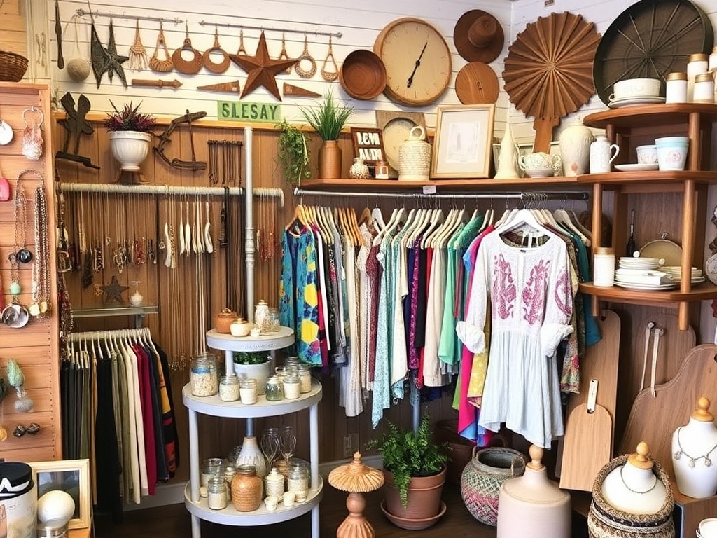 A trendy local boutique with shelves full of handmade jewelry, colorful clothing, and rustic home decor.