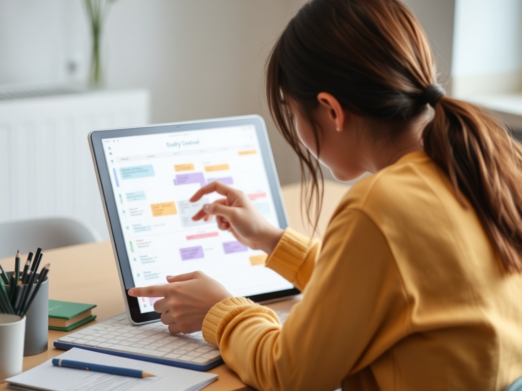 A student organizing a study schedule on a digital planner
