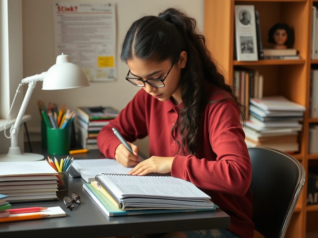 A student organizing study materials on a desk