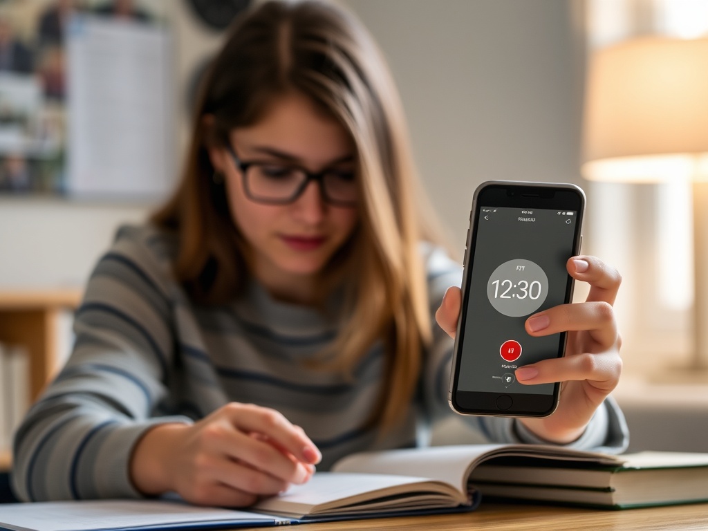 A student studying using the Pomodoro Technique timer on a phone