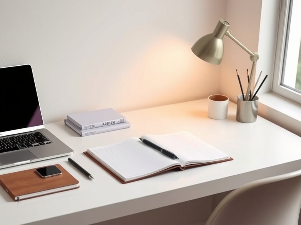 minimalist study setup with clean desk, notebook, laptop, no distractions, calm atmosphere