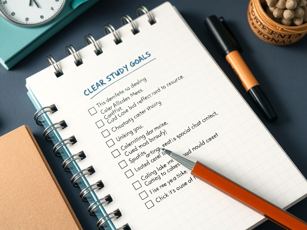 notebook with clear study goals written down, checklist style, organized and intentional