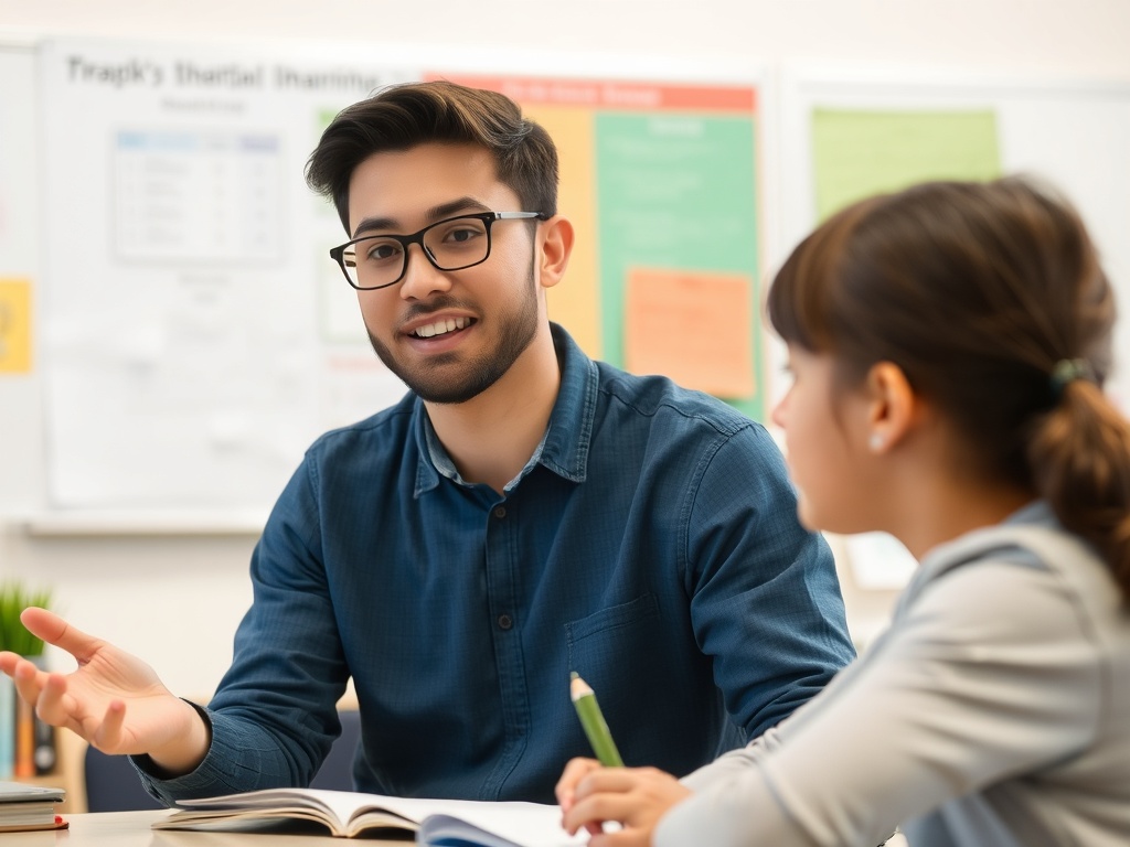 student explaining concept aloud while studying, engaged expression, active learning moment