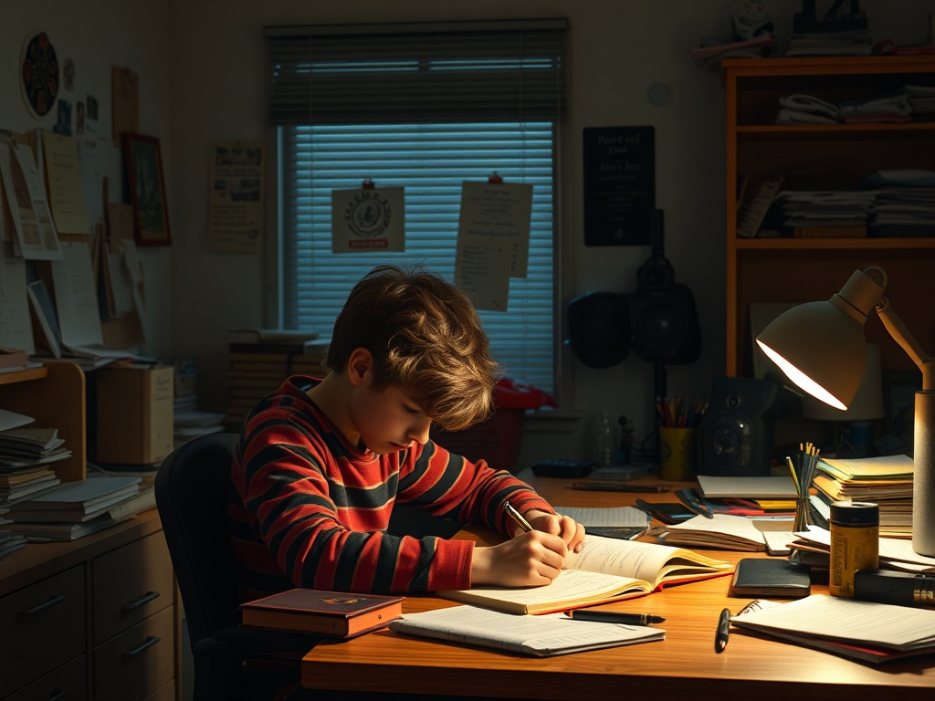 student studying at desk with distractions like phone notifications and messy workspace, realistic lighting