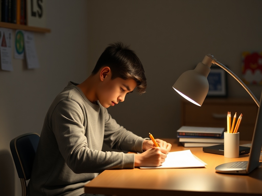 student studying at same desk daily, consistent routine, calm focused environment