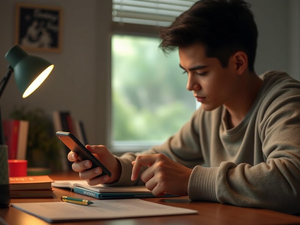 student turning off phone and placing it away before studying, intentional action, focused mood