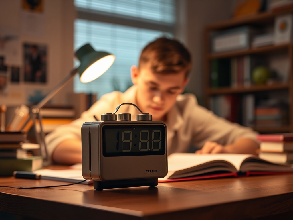 timer on desk during study session, focused student working intensely, warm lighting