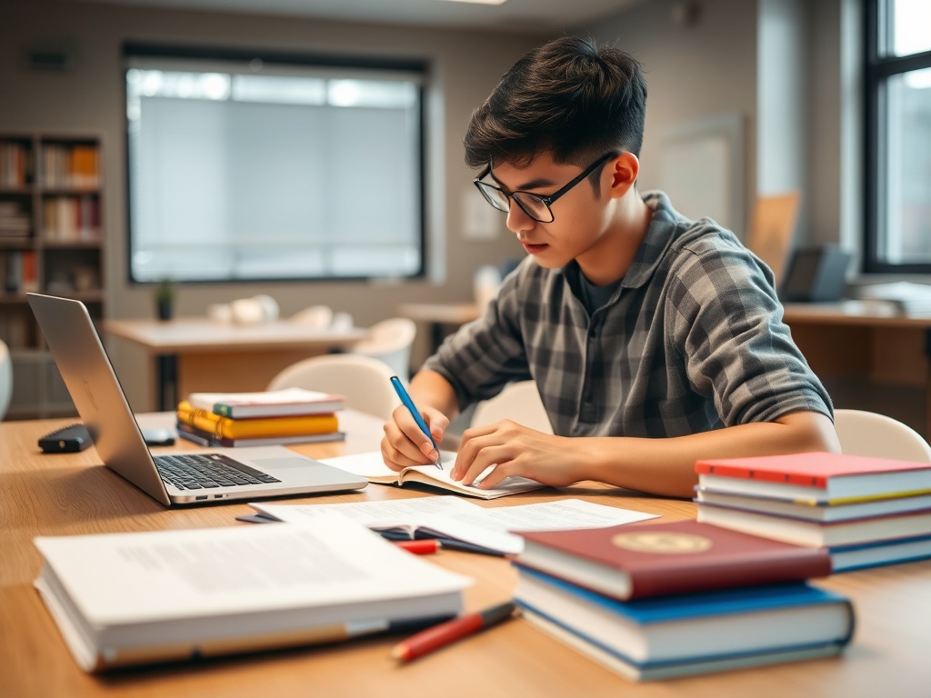 college student at desk preparing notes before studying, organized textbooks and laptop, realistic campus study environment