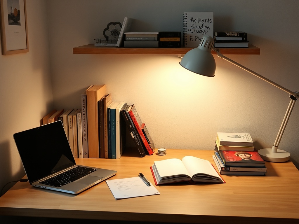 minimal distraction-free study desk with books, laptop, and no phone, clean academic workspace