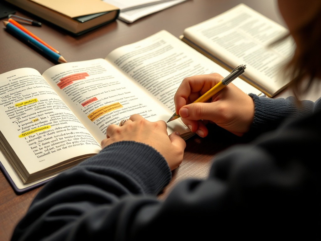 student actively engaging with notes, highlighting and writing summaries, dynamic study process