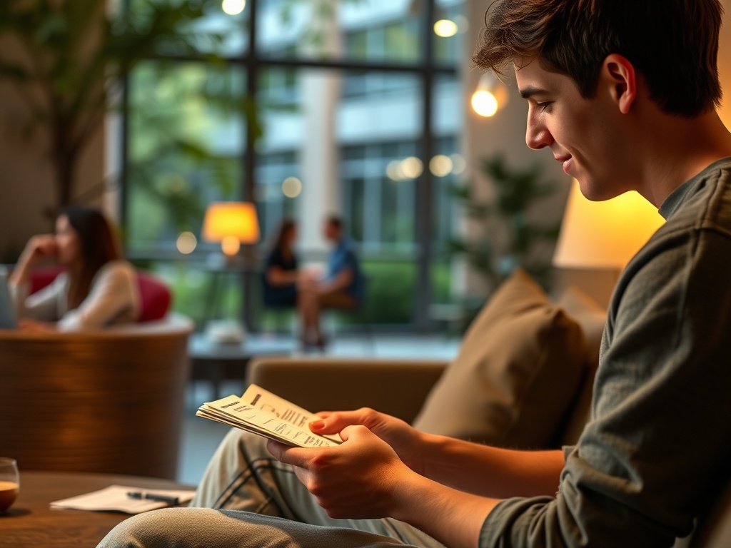 student doing light review with flashcards in relaxed setting, realistic campus life moment