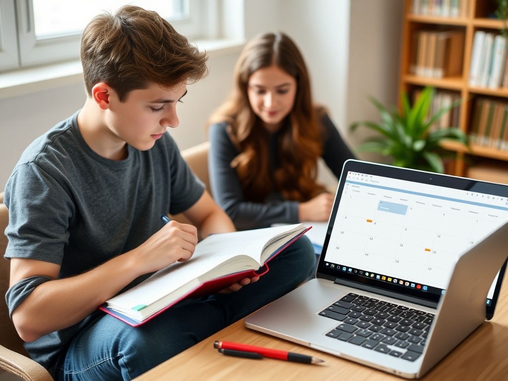 student reviewing weekly schedule with planner and laptop, structured academic planning session