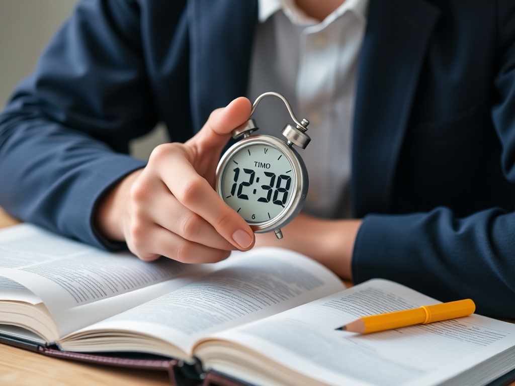 student using timer while studying with textbook and notebook, focused academic session