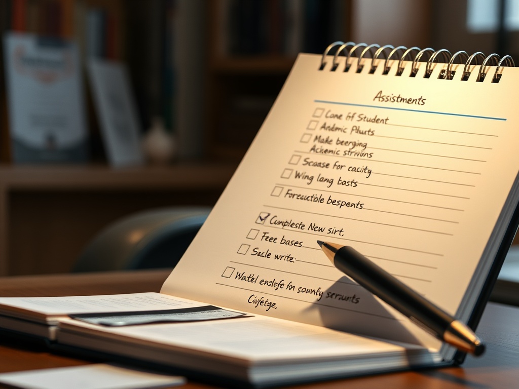 student writing structured checklist for assignments in notebook, academic planning scene