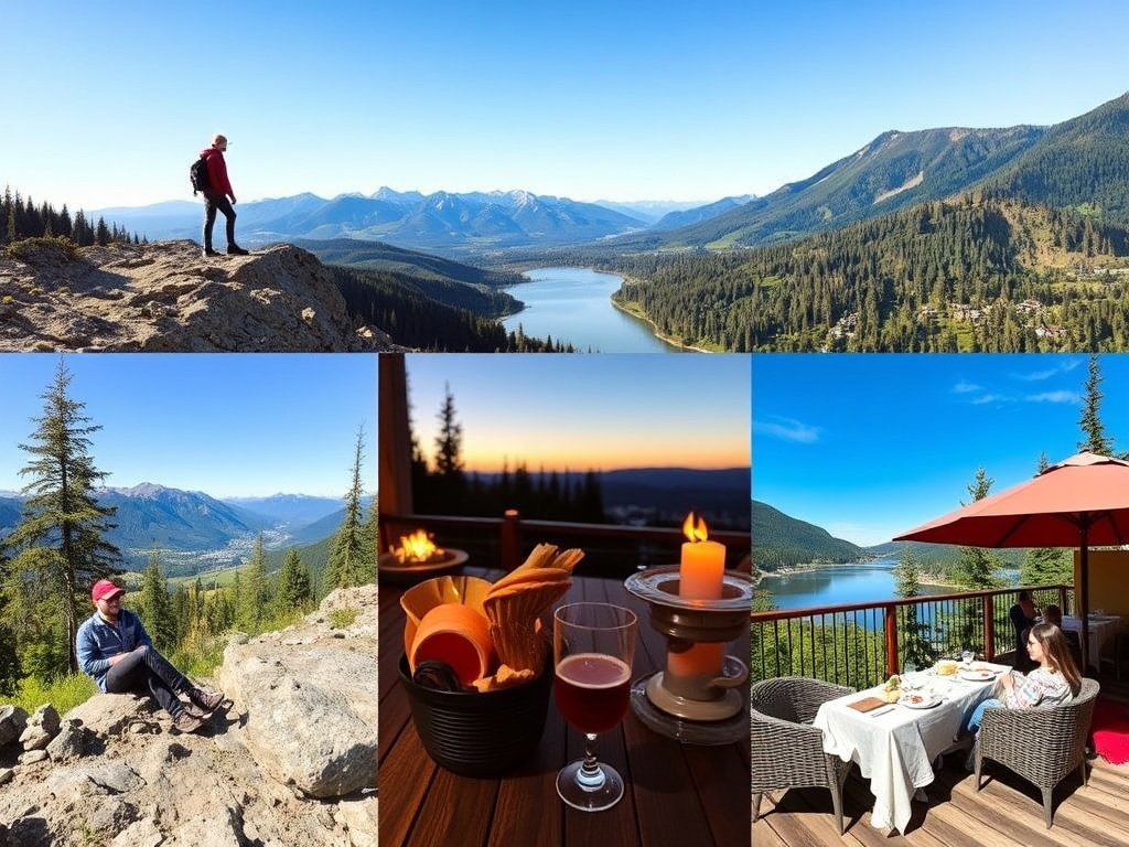 balanced lifestyle collage of hiking, dining, and relaxing scenes in Kamloops