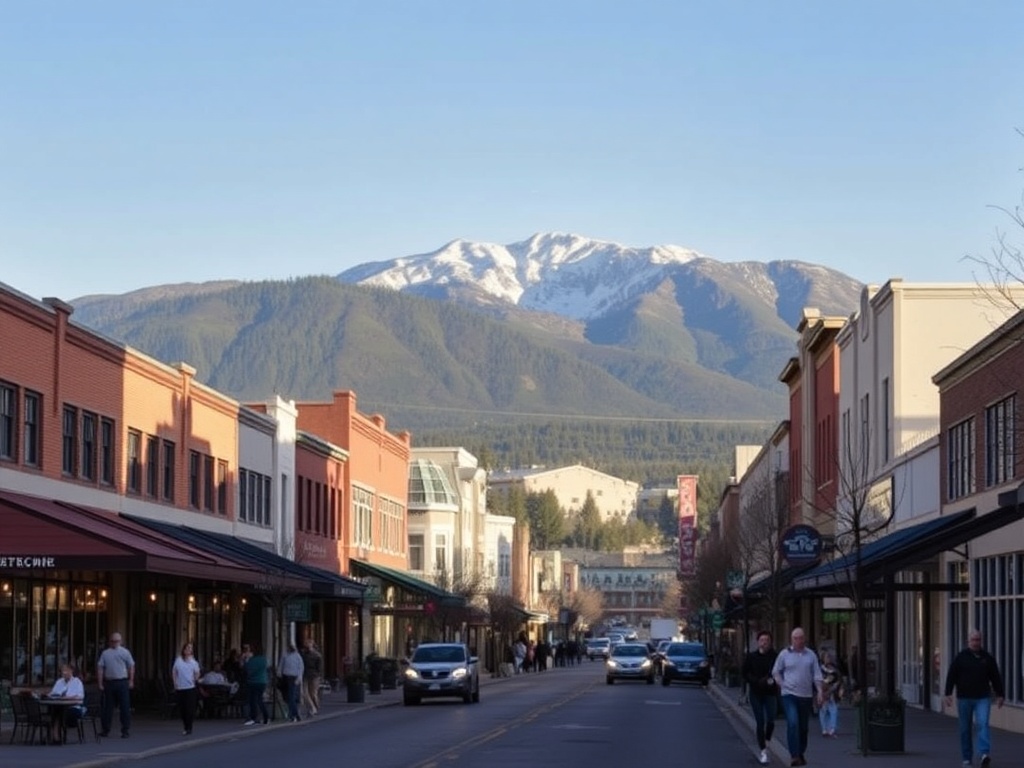 downtown Kamloops streets with cafes, pedestrians, and mountain backdrop in soft daylight