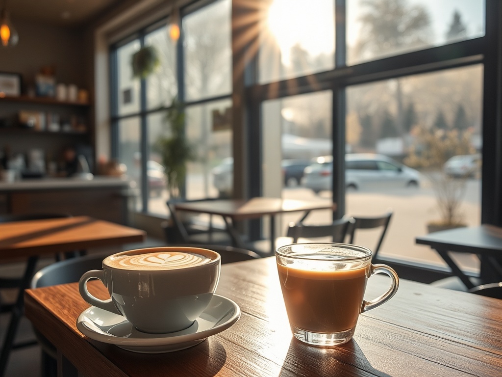 early morning coffee shop scene in Kamloops with sunlight, latte art, and cozy interior