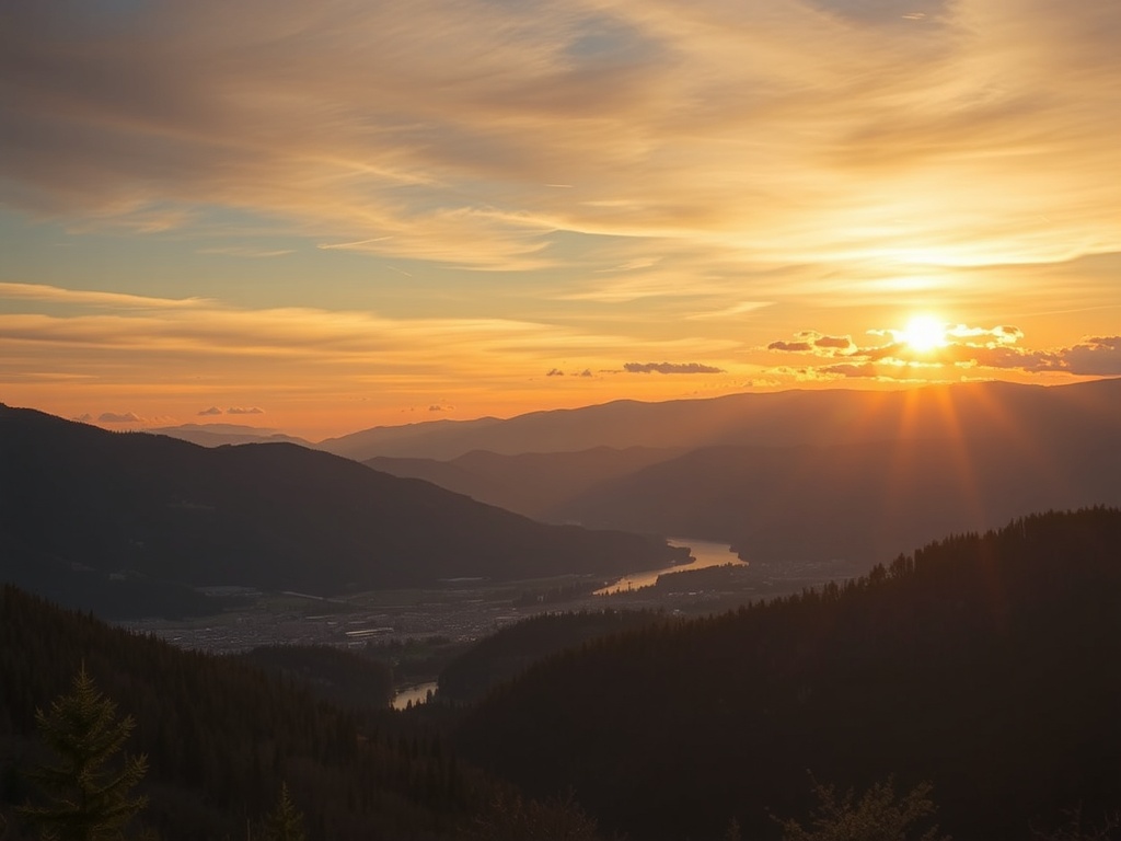 golden sunset over Kamloops hills and river valley with warm light, wide cinematic view
