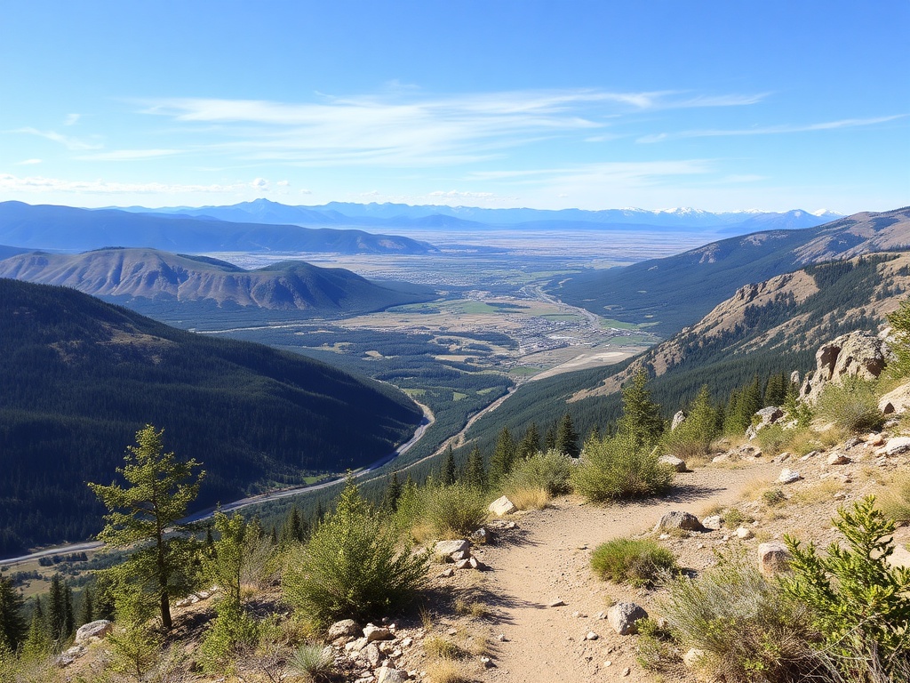 hiking trail overlooking Kamloops valley with expansive views and blue sky