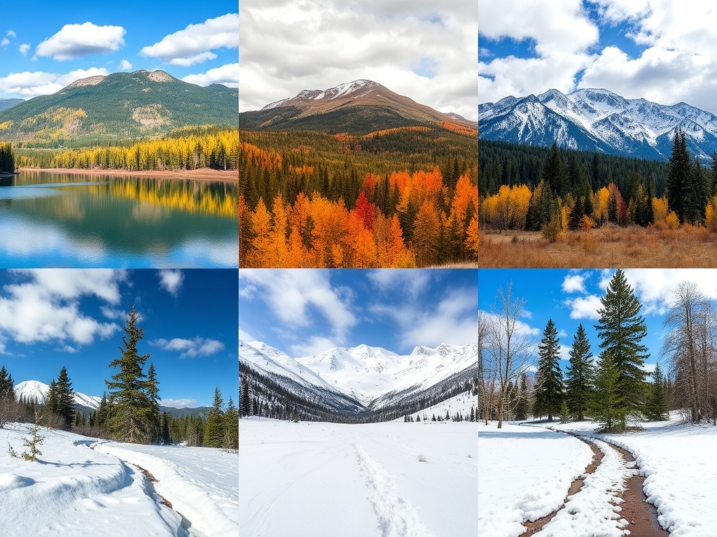 Kamloops seasonal contrast collage showing summer lake, fall colors, winter snow, spring trails