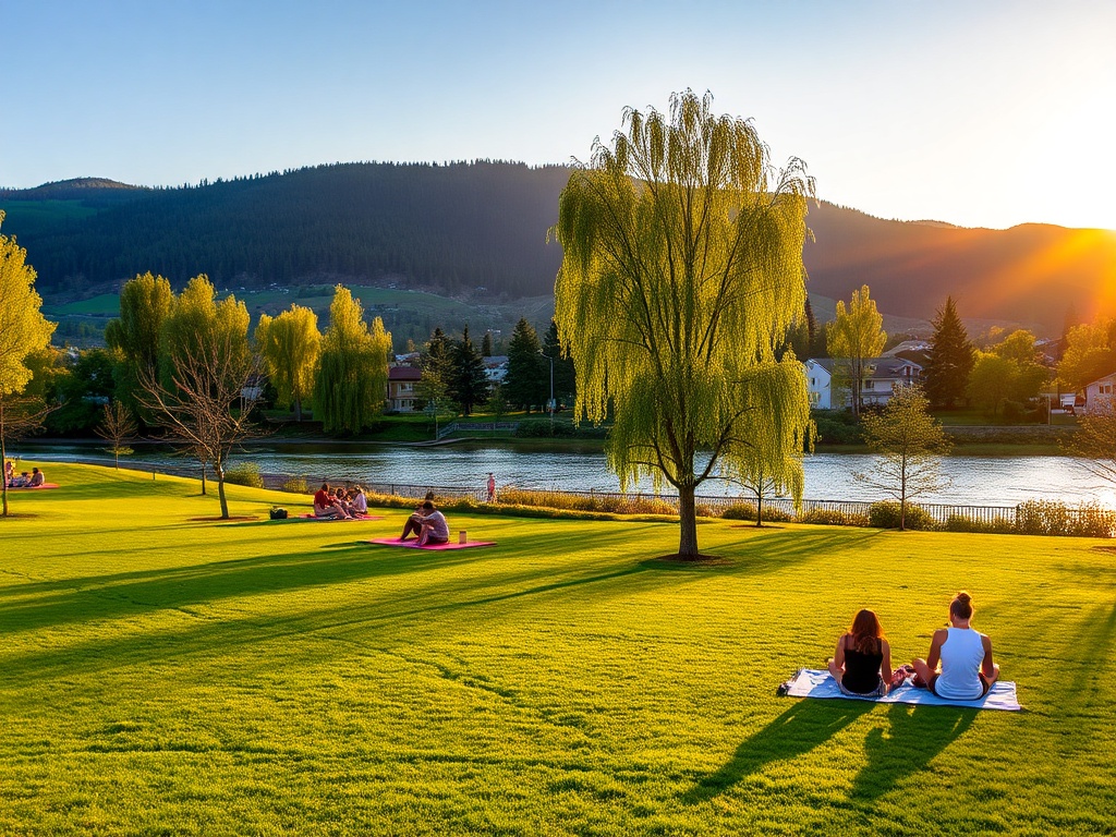 Riverside Park Kamloops with people relaxing on grass near river during golden hour